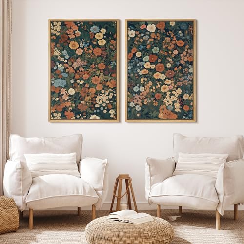 Framed Canvas Print Wall Art Vintage Floral Botanical Colorful Wildflowers Illustrations Modern Art Decorative Bohemian Colorful for Living Room