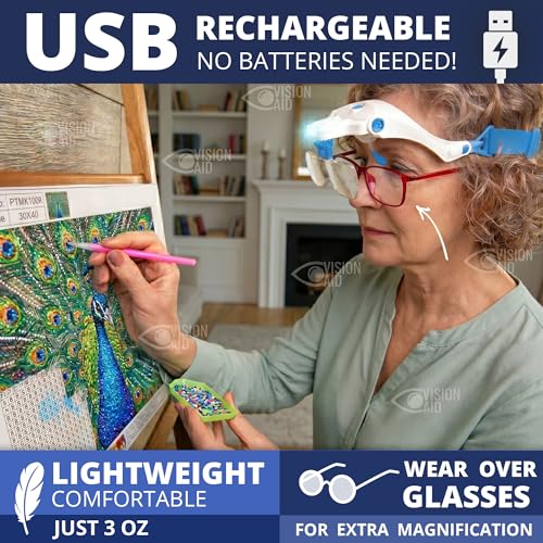 Expert Edition Magnifying Glasses with USB Rechargeable LED Light and Storage Case Hands Free Head Magnifier for Hobby Painting Close Work