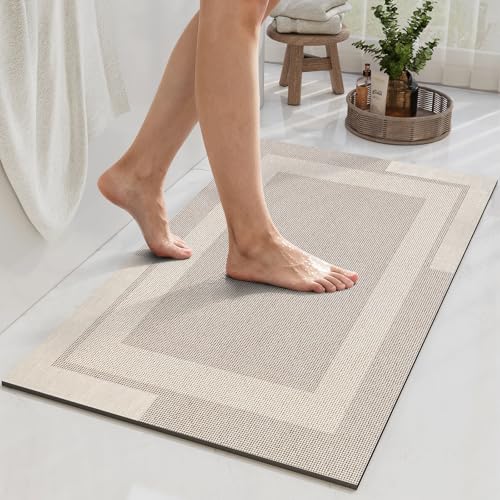 Non Slip Bath Mat Thin Bathroom Rugs Fit Under Door Beige 16"x 24"