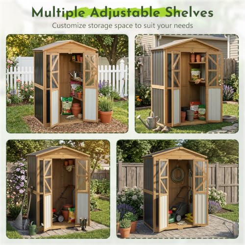 Outdoor Wooden Storage Shed Cabinet with 6 Adjustable Shelves