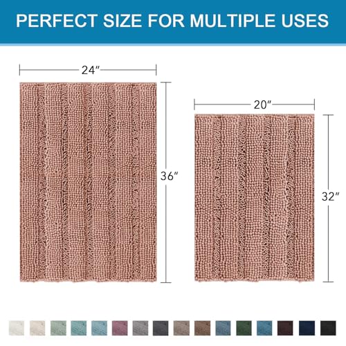2 Piece Set Bathroom Rugs Bath Mats Sets Super Absorbent Chenille Striped Bath Mats Non Skid Machine Wash Dry Rugs for Bathroom Floor