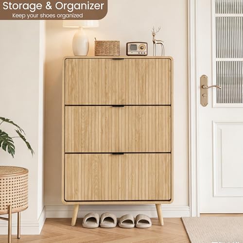 Fluted Shoe Storage Cabinet with 3 Flip Drawers