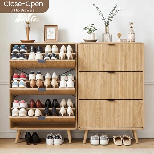 Fluted Shoe Storage Cabinet with 3 Flip Drawers
