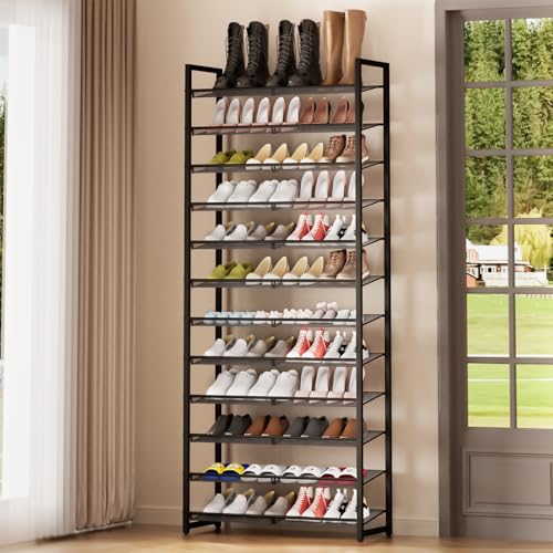 Shoe Rack, 12-Tier Metal Shoe Organizer, Tall Shoe Rack for Closet,entryway,Garage, with Adjustable Flat or Angled Shelves, 52-60 Pairs,Shoes that can accommodate The Whole Family. (12 Count)