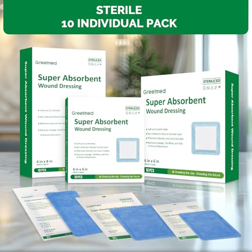Super Absorbent Wound Dressing 4"x 4" 10 Individual Pack Fast Healing Wound Care Non Stick Bandages Gauze Pads for Surgical Ulcer High Exudating Wounds Burns Lacerations (10 Count)