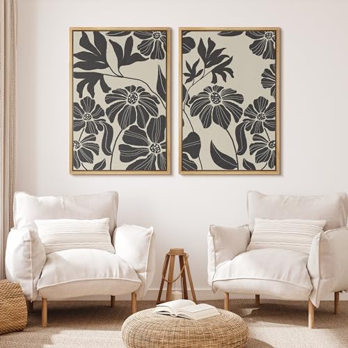 Framed Canvas Print Wall Art Monochrome Floral Botanical Black and White Illustrations Modern Art Decorative Bohemian Colorful Chic for Living Room