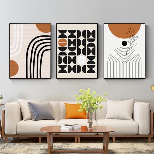 3Pcs Black Brown Boho Abstract Geometric Line Framed Canvas Wall Art (3 Count)