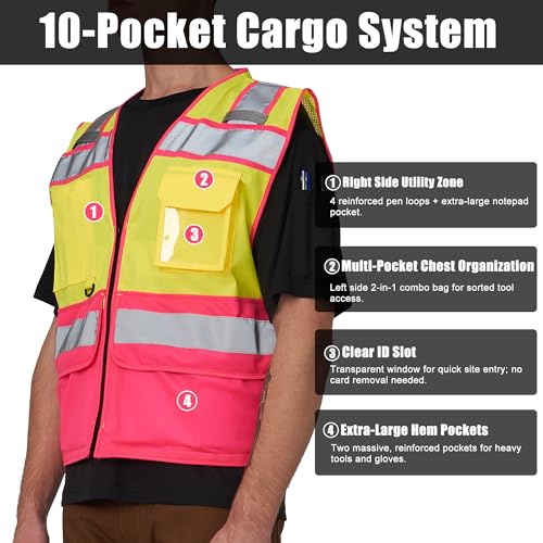 Yellow Pink Team Vest ID Pocket Zipper Front Mesh Back 3XL
