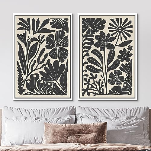 Framed Canvas Wall Art Abstract Floral Botanical Prints Minimalist Modern Art Boho Wall Decor for Bedroom (2 Count)