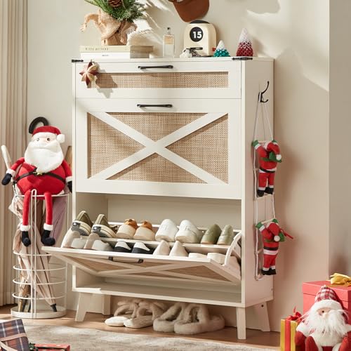 Rattan Shoe Cabinet Storage for Entryway with 2 Flip Drawers