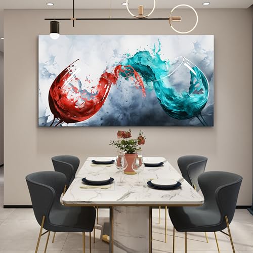 Dining Room Wall Art Wine Glass Canvas Wall Pictures Kitchen Art Wall Decor Blue & Red Wine Cups Painting Modern Wall Art for Living Room Office Artwork Wall Decor 24x48IN