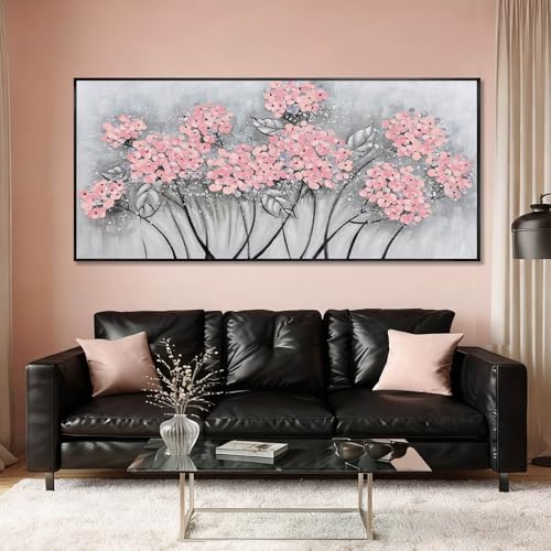 Flower Wall Art Pink Wood Wall Decor Botanical Oil Painting 32"x70" Large Artwork for Bedroom Canvas Paintings for Office