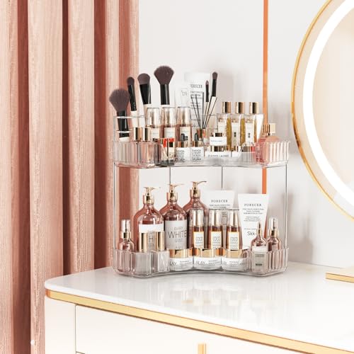 2 Tier Corner Bathroom Counter Organizer with Top Toothbrush Holders