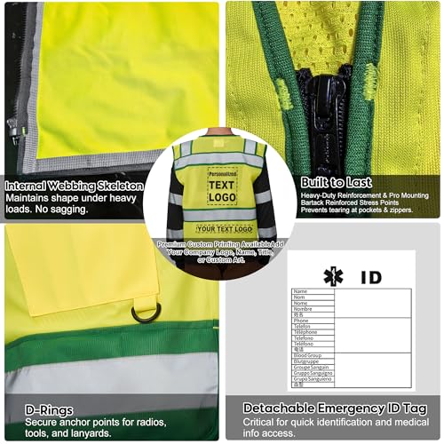 Yellow Green Reflective Vest 9 Pockets Mesh Back ID Pocket XL