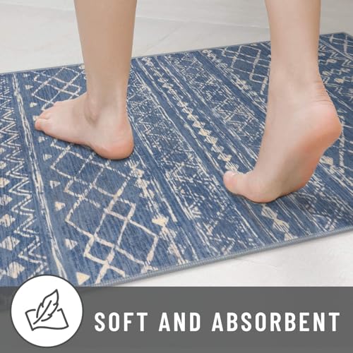 2x6 Washable Runners for Hallways Blue Beige Moroccan Boho