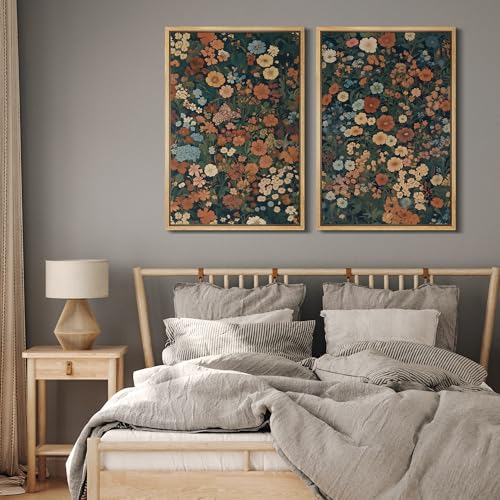 Framed Canvas Print Wall Art Vintage Floral Botanical Colorful Wildflowers Illustrations Modern Art Decorative Bohemian Colorful for Living Room