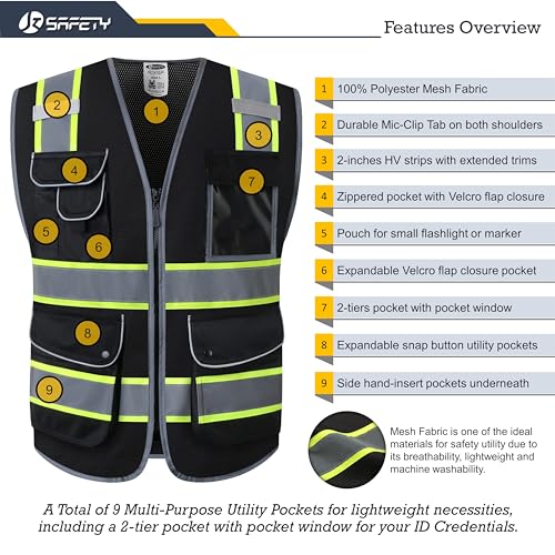 Safety Vest for Men Women Reflective Hi Vis JK100 Black 3XL