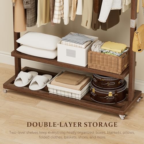 Wood Clothing Rack Solid Wood Clothes rack with Wheels 2 Shelves