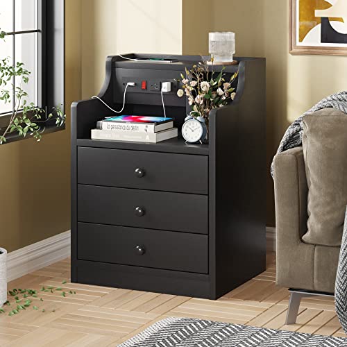 Black Nightstand with Charging Station & Drawers