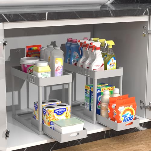 2PC Under Sink Organizer Rack 2 Tier Under Sliding Cabinet Basket Organizer Drawer with 4 Hooks (2 Count)