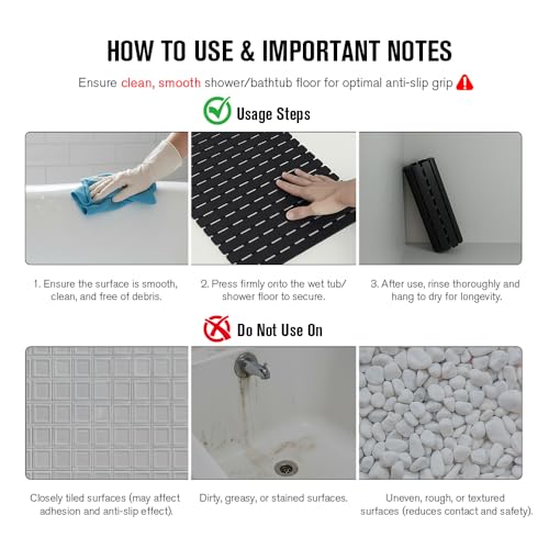Bath Tub Shower Mat Non Slip Bathtub Mats for Bathroom Shower Floor Mat Bath Mats for Shower Tub Anti Slip Shower Mat with Drain Hole and Large Suction Cups