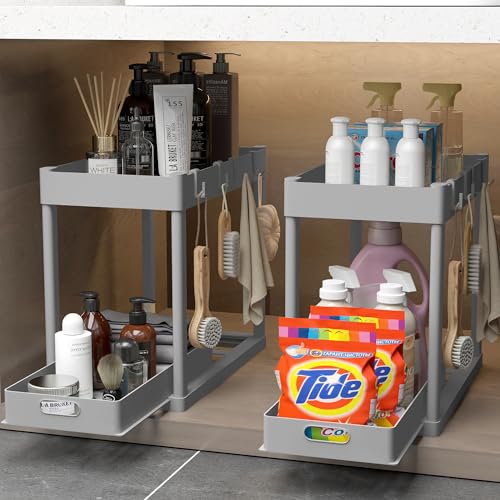2PC Under Sink Organizer Rack 2 Tier Under Sliding Cabinet Basket Organizer Drawer with 4 Hooks (2 Count)