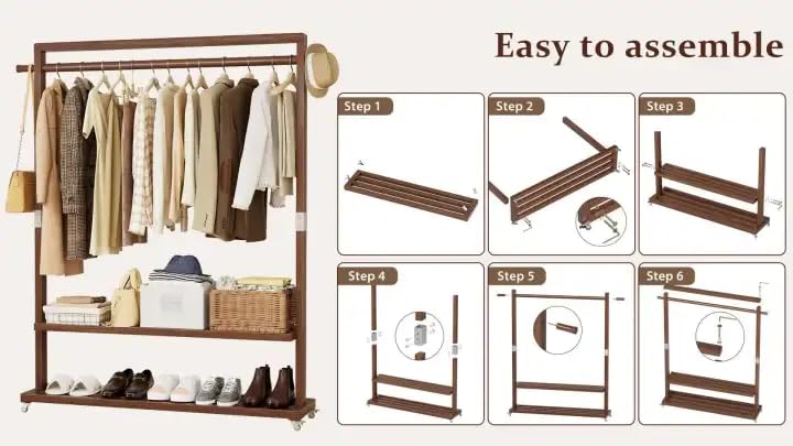 Wood Clothing Rack Solid Wood Clothes rack with Wheels 2 Shelves