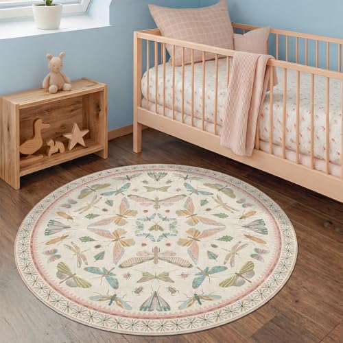 Boho Light Pink Round Rugs for Kids Bedroom (16 Sq Ft)
