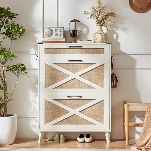 Rattan Shoe Cabinet Storage for Entryway with 2 Flip Drawers