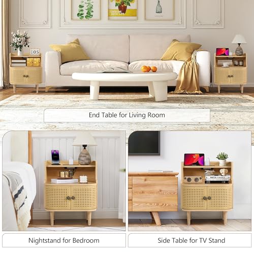 Metal Rattan End Table with Charging Station