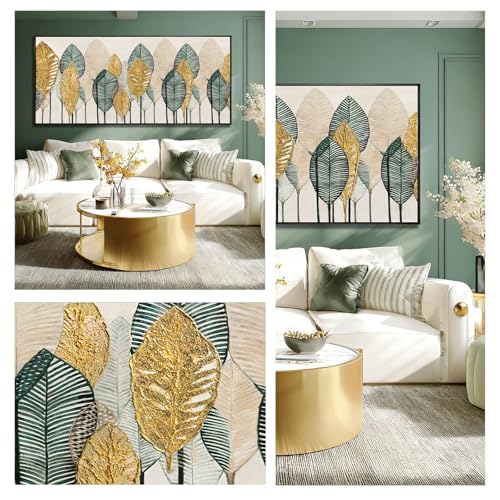 Green and Gold Wall Art Leaves Wall Decor Modern Canvas Painting 32"x70" Pictures for Dining Room Area Large Artwork for Living Room