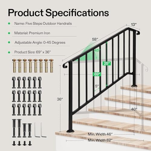 5 Step Railing 69"x36" Wrought Iron with Curved & Balusters Black