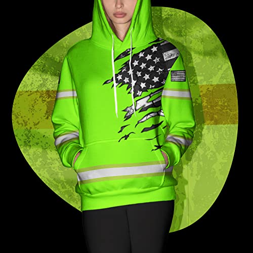 Safety Hoodie Scratch Green US Flag Customize Name High Visibility Hoodie for Men Reflective Workwear for Runners