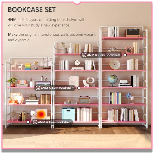 No Assembly Extra Wide 4 Tiers Folding Bookshelf Storage Shelves Vintage Bookcase Standing Racks Study Organizer Home Office