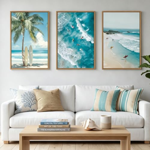 Extra Large Surfing Tropical Beach Framed Wall Art 24x36 Inch Blue Summer Coastal Canvas Wall Decor Surfboard Seaside Tree Landscape Art Print for Living Room Bedroom Set of 3