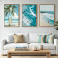 Extra Large Surfing Tropical Beach Framed Wall Art 24x36 Inch Blue Summer Coastal Canvas Wall Decor Surfboard Seaside Tree Landscape Art Print for Living Room Bedroom Set of 3
