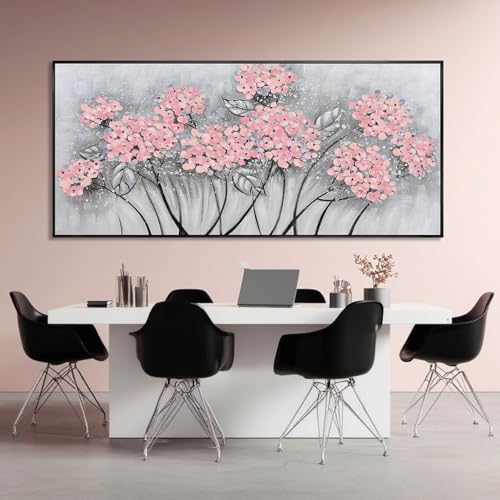 Flower Wall Art Pink Wood Wall Decor Botanical Oil Painting 32"x70" Large Artwork for Bedroom Canvas Paintings for Office