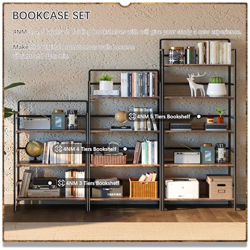 No Assembly 5 Tiers Folding Bookshelf Storage Shelves Vintage Bookcase Standing Racks Study Organizer Home Office (4 Count)