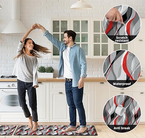 Kitchen Mats for Floor Modern Abstract kitchen rugs Grey and Red Stripe Anti Fatigue Kitchen Mats Waterproof Floor Mats Cushioned Non