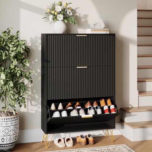 48" H Fluted Shoe Storage Cabinet with 3 Flip Drawers for Entryway