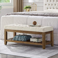 Large Rectangular Upholstered Tufted Linen Ottoman Bench