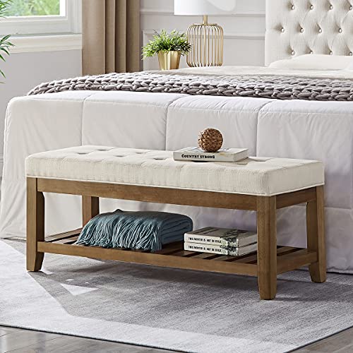 Large Rectangular Upholstered Tufted Linen Ottoman Bench