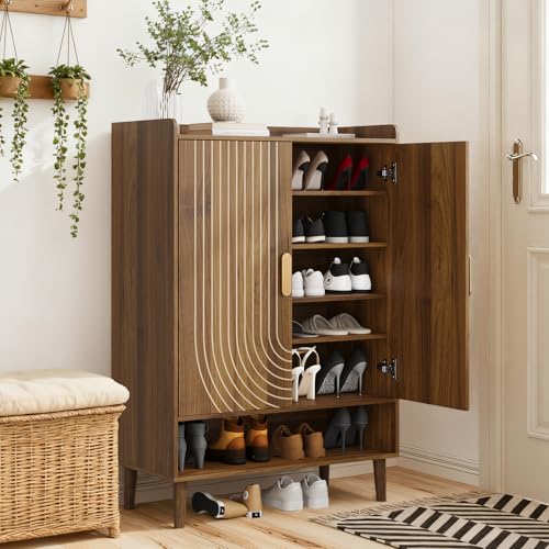 Walnut Shoe Cabinet with Line Groove Design