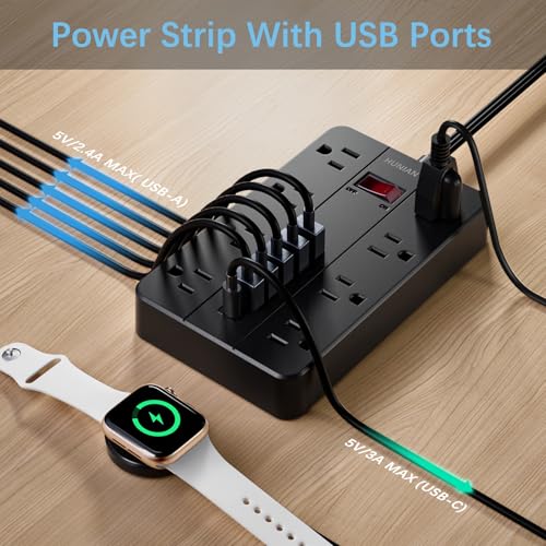 Power Strip 15Ft Flat Plug Extension Cord with Multiple Outlets