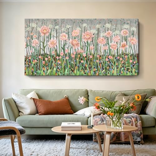 Rustic Plant Wall Art For Bedroom Pink Green Floral Print 58X29 In