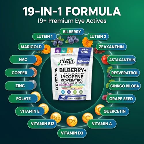 Clean Nutra Multimacular Bilberry+ Lutein Zeaxanthin Lycopene Resveratrol with Flax Seed Grape Japanese Knotweed Ginkgo Biloba Sophora Japonica Coenzyme Copper Zinc Marigold Black Pepper 90 Capsules (90 Count)