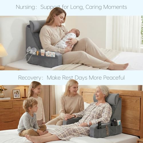 19" Reading Pillow for Bed with Firm Back Support & Big Pockets