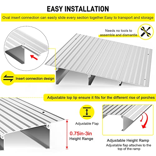 Door Threshold Ramp 3" Rise Door Ramp Aluminum Entry Ramp or Doorways Rated 800 lbs Load Capacity forWheelchair Scooters Power Chairs Walkers Metallic
