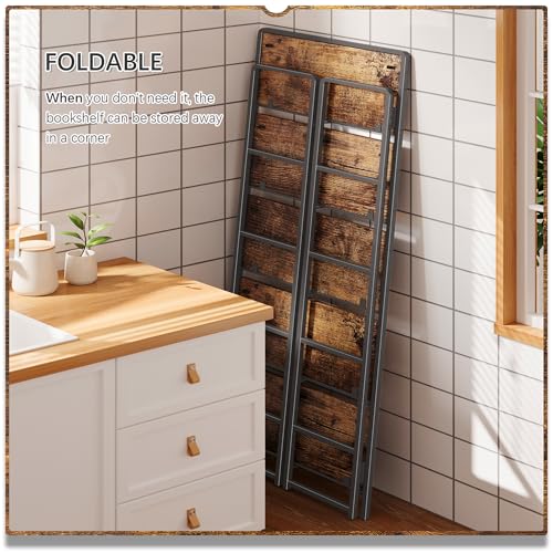 No Assembly 5 Tiers Folding Bookshelf Storage Shelves Vintage Bookcase Standing Racks Study Organizer Home Office (4 Count)