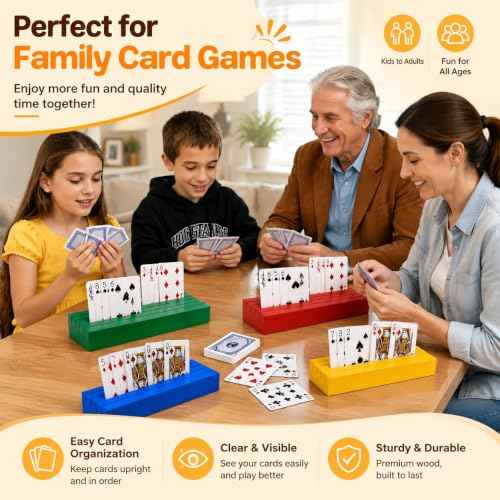 Card Holders for Playing Cards Deck Stand Wood Playing Card Holder for Kids Canasta Holder for Adults Seniors Card Deck Crowns Uno Games Set of 4 Colors (2 Count)